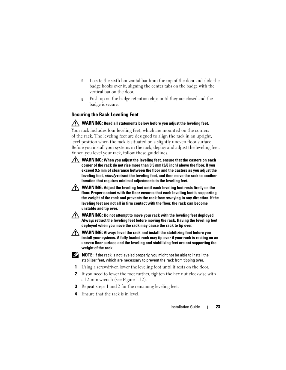 Securing the rack leveling feet | Dell PowerEdge Rack Enclosure 4820 User Manual | Page 25 / 186