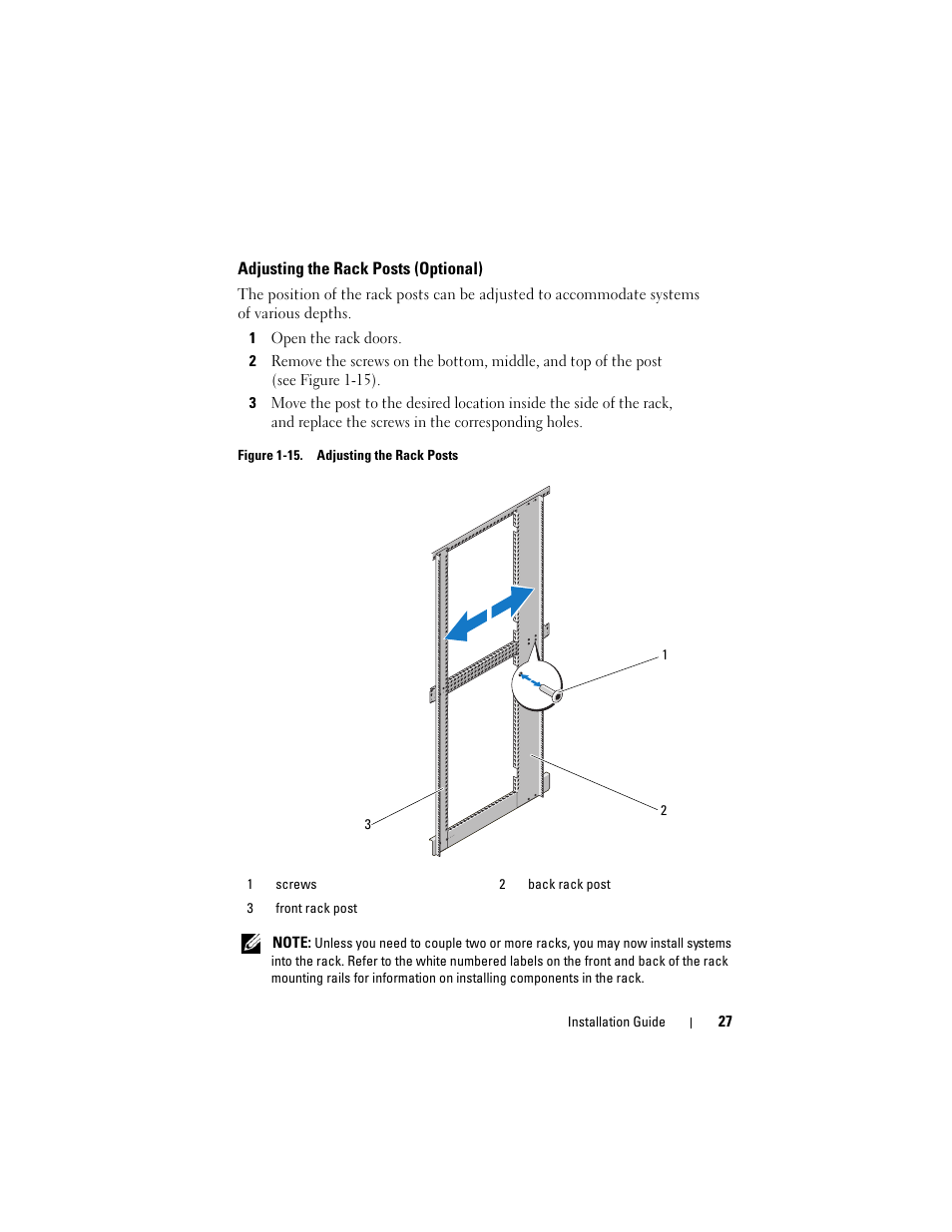 Adjusting the rack posts (optional) | Dell PowerEdge Rack Enclosure 4820 User Manual | Page 29 / 186