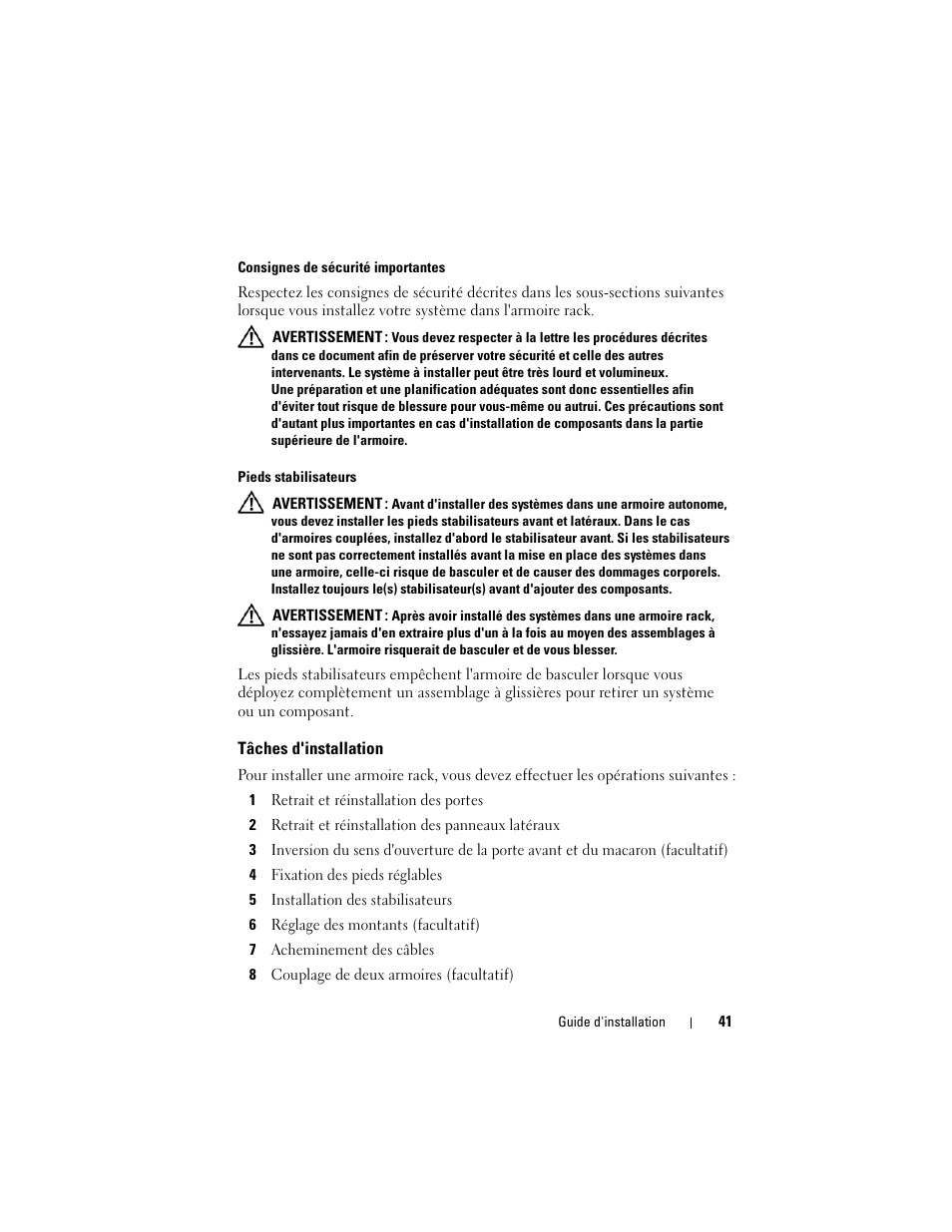 Tâches d'installation | Dell PowerEdge Rack Enclosure 4820 User Manual | Page 43 / 186