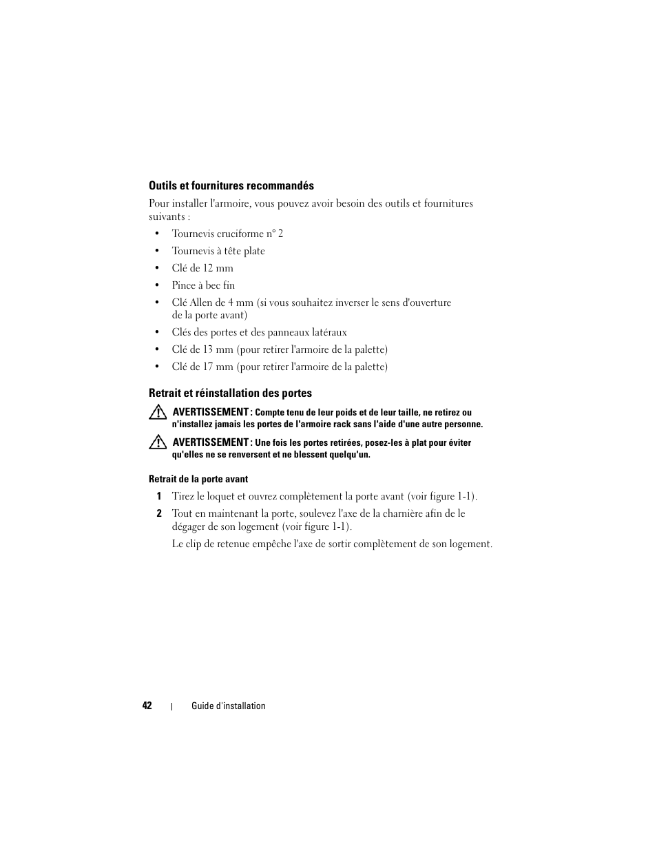Outils et fournitures recommandés, Retrait et réinstallation des portes | Dell PowerEdge Rack Enclosure 4820 User Manual | Page 44 / 186