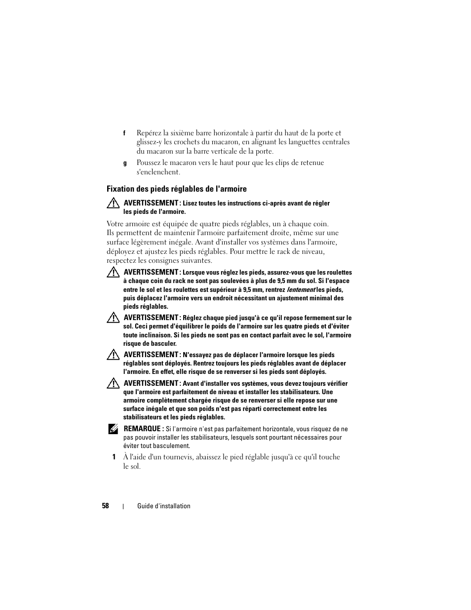 Fixation des pieds réglables de l'armoire | Dell PowerEdge Rack Enclosure 4820 User Manual | Page 60 / 186