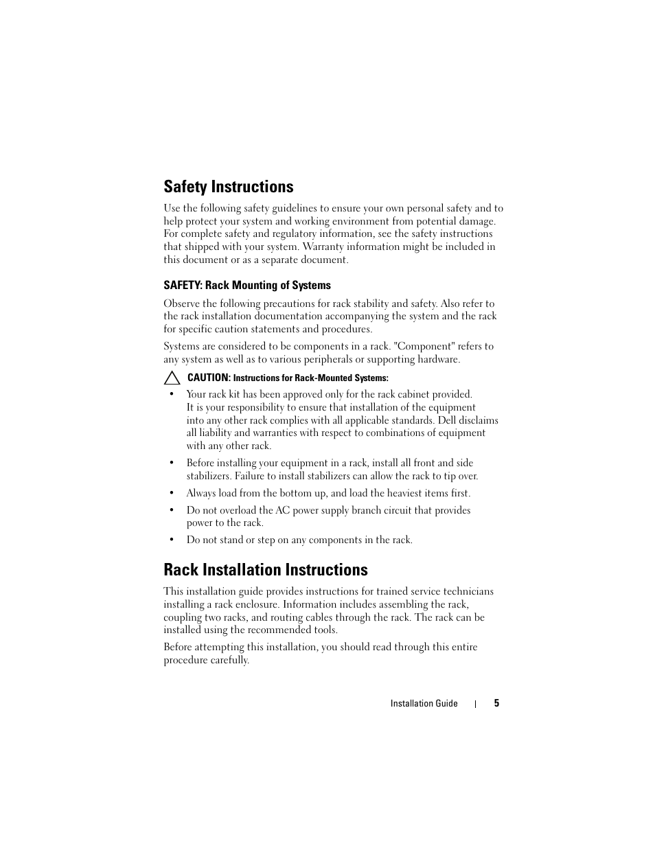 Safety instructions, Safety: rack mounting of systems, Rack installation instructions | Dell PowerEdge Rack Enclosure 4820 User Manual | Page 7 / 186