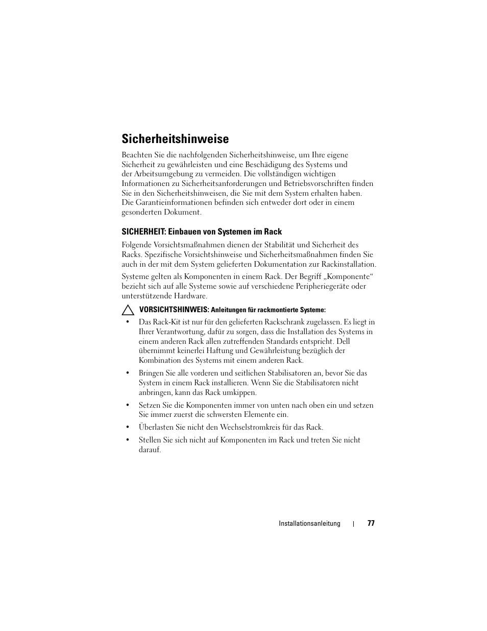 Sicherheitshinweise, Sicherheit: einbauen von systemen im rack | Dell PowerEdge Rack Enclosure 4820 User Manual | Page 79 / 186