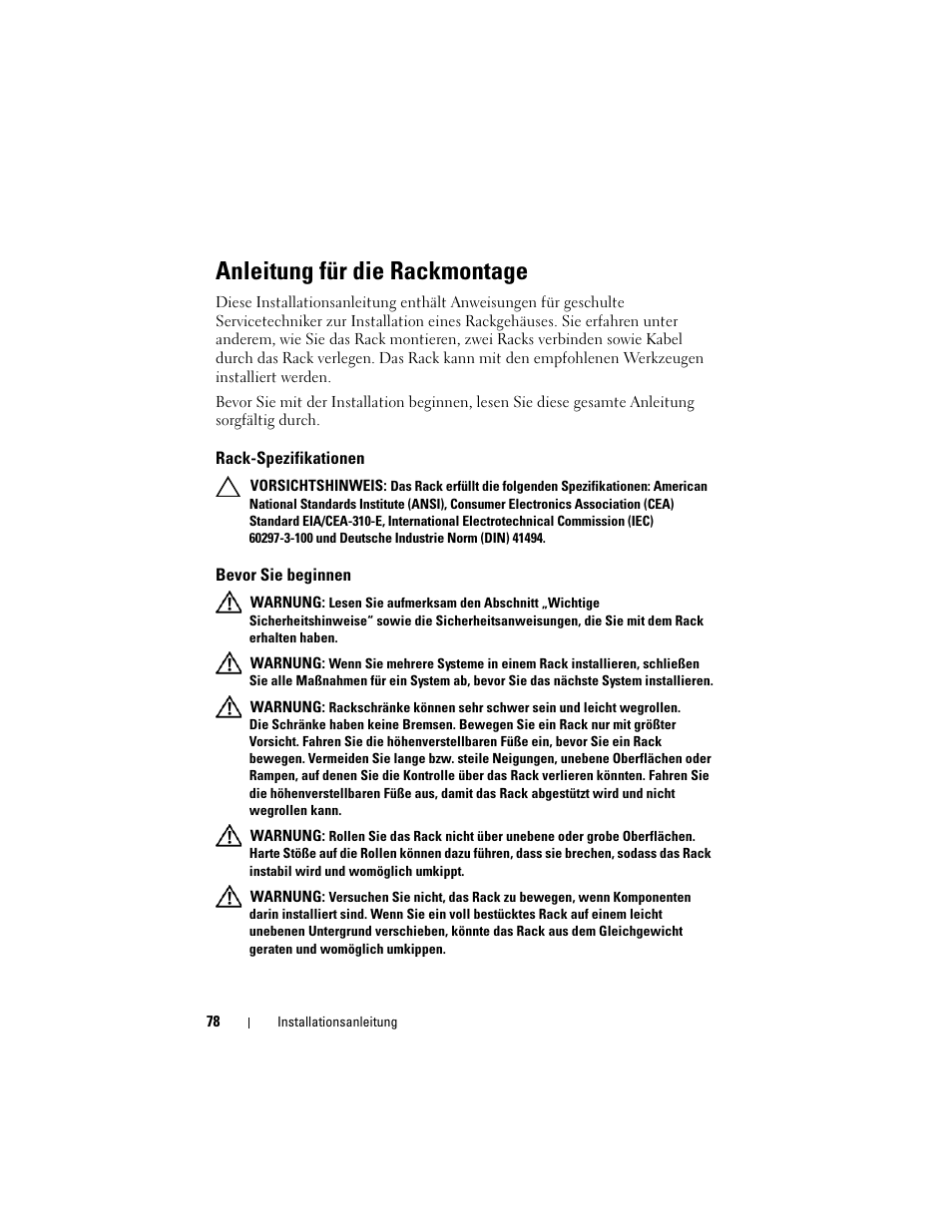 Anleitung für die rackmontage, Rack-spezifikationen, Bevor sie beginnen | Dell PowerEdge Rack Enclosure 4820 User Manual | Page 80 / 186