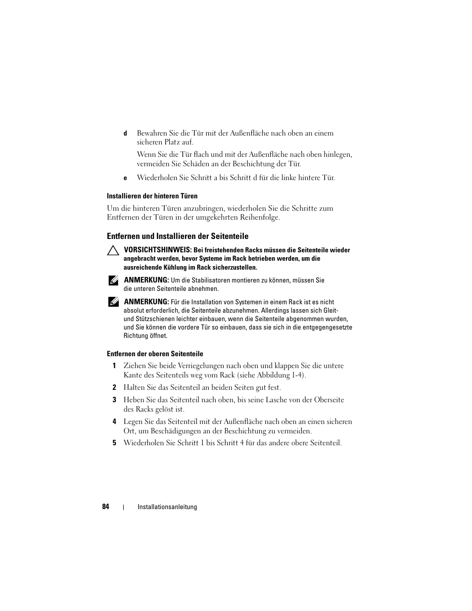 Entfernen und installieren der seitenteile | Dell PowerEdge Rack Enclosure 4820 User Manual | Page 86 / 186