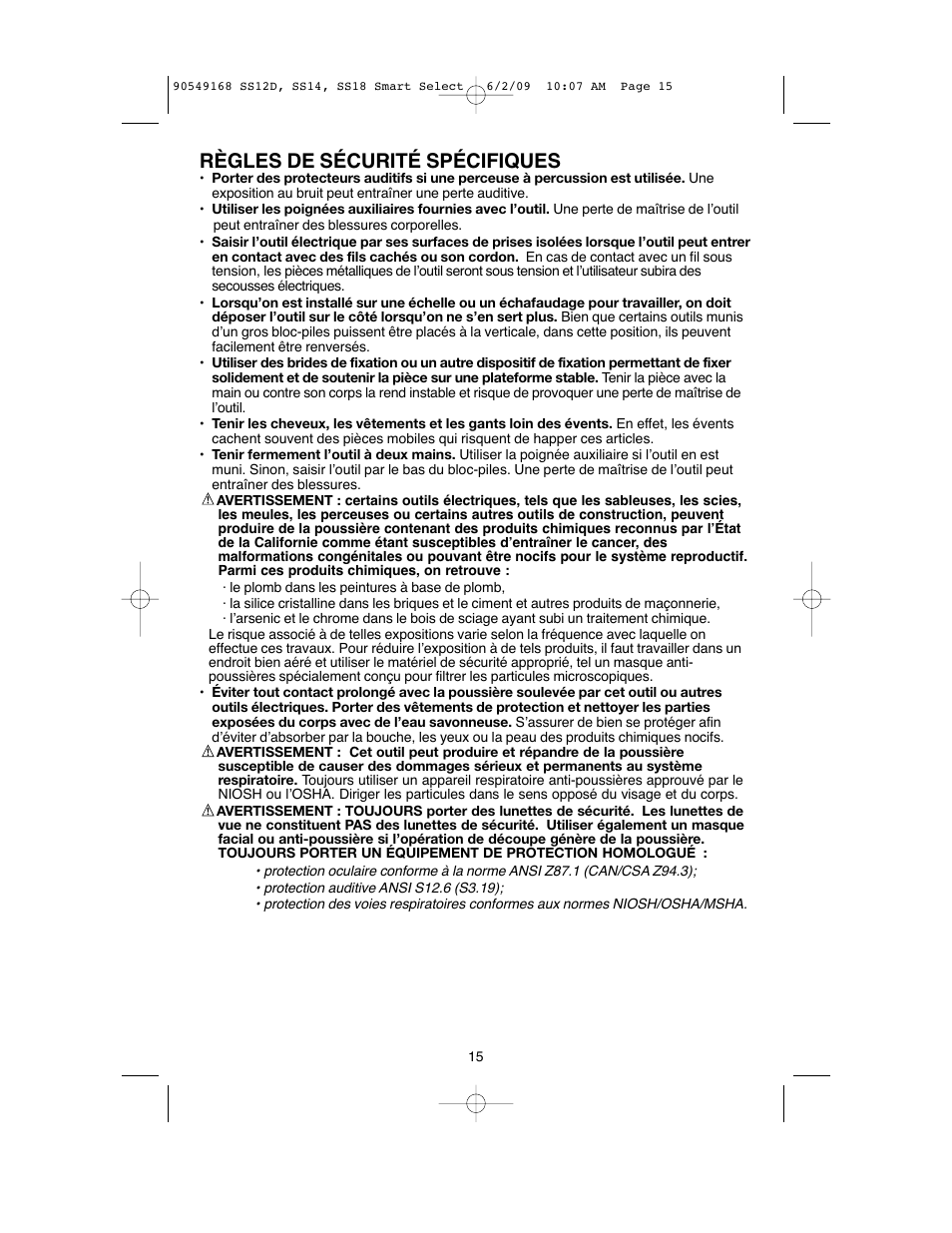 Règles de sécurité spécifiques | Black & Decker SS14 User Manual | Page 15 / 36