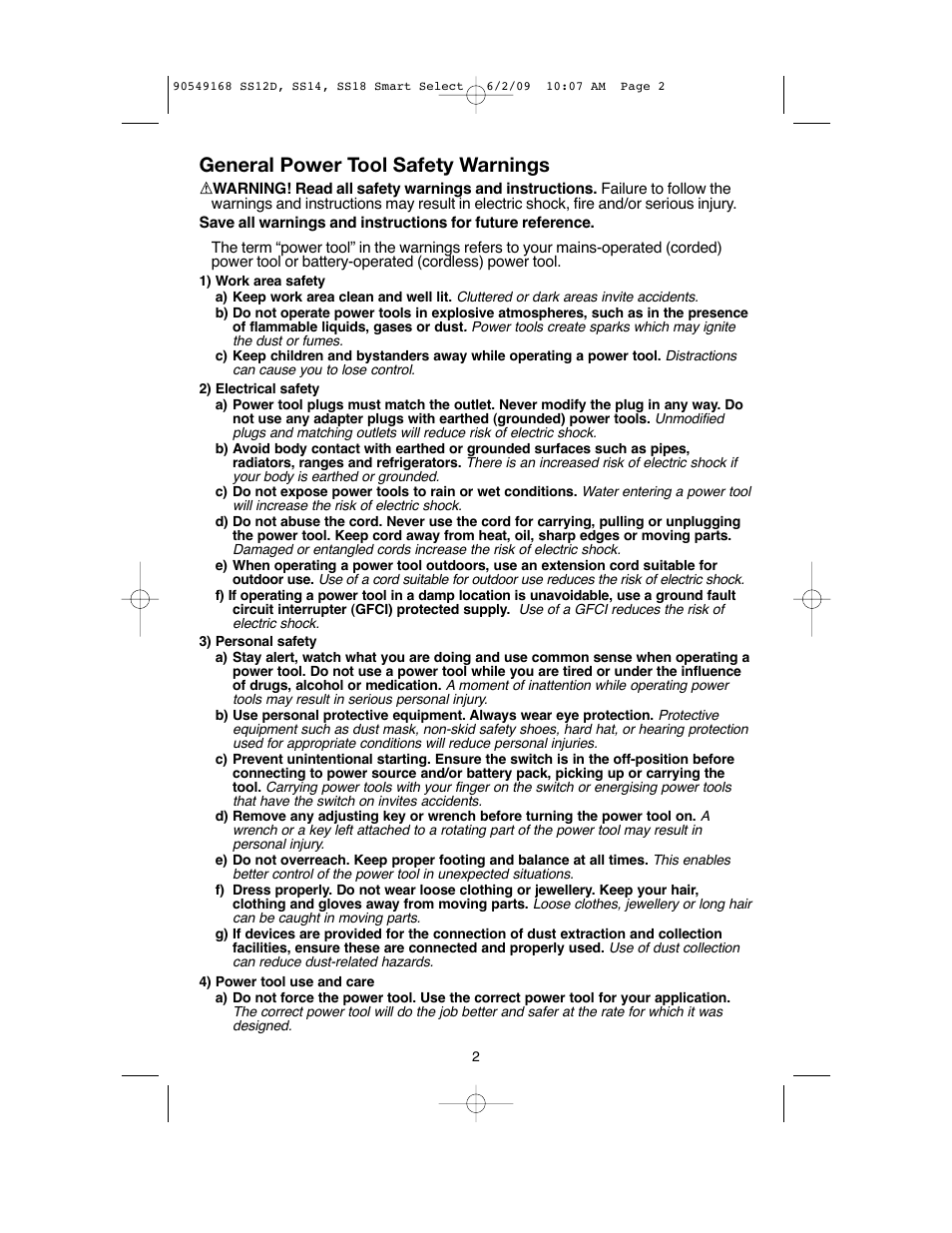 General power tool safety warnings | Black & Decker SS14 User Manual | Page 2 / 36