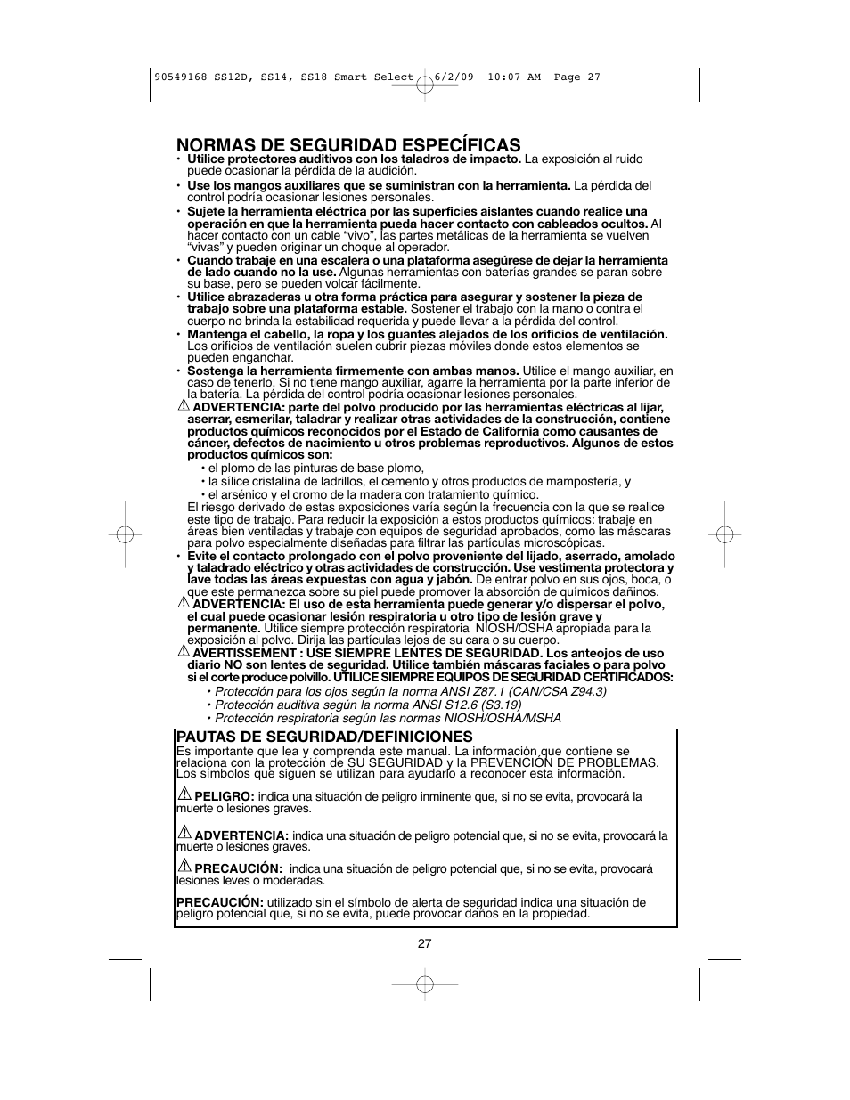 Normas de seguridad específicas | Black & Decker SS14 User Manual | Page 27 / 36
