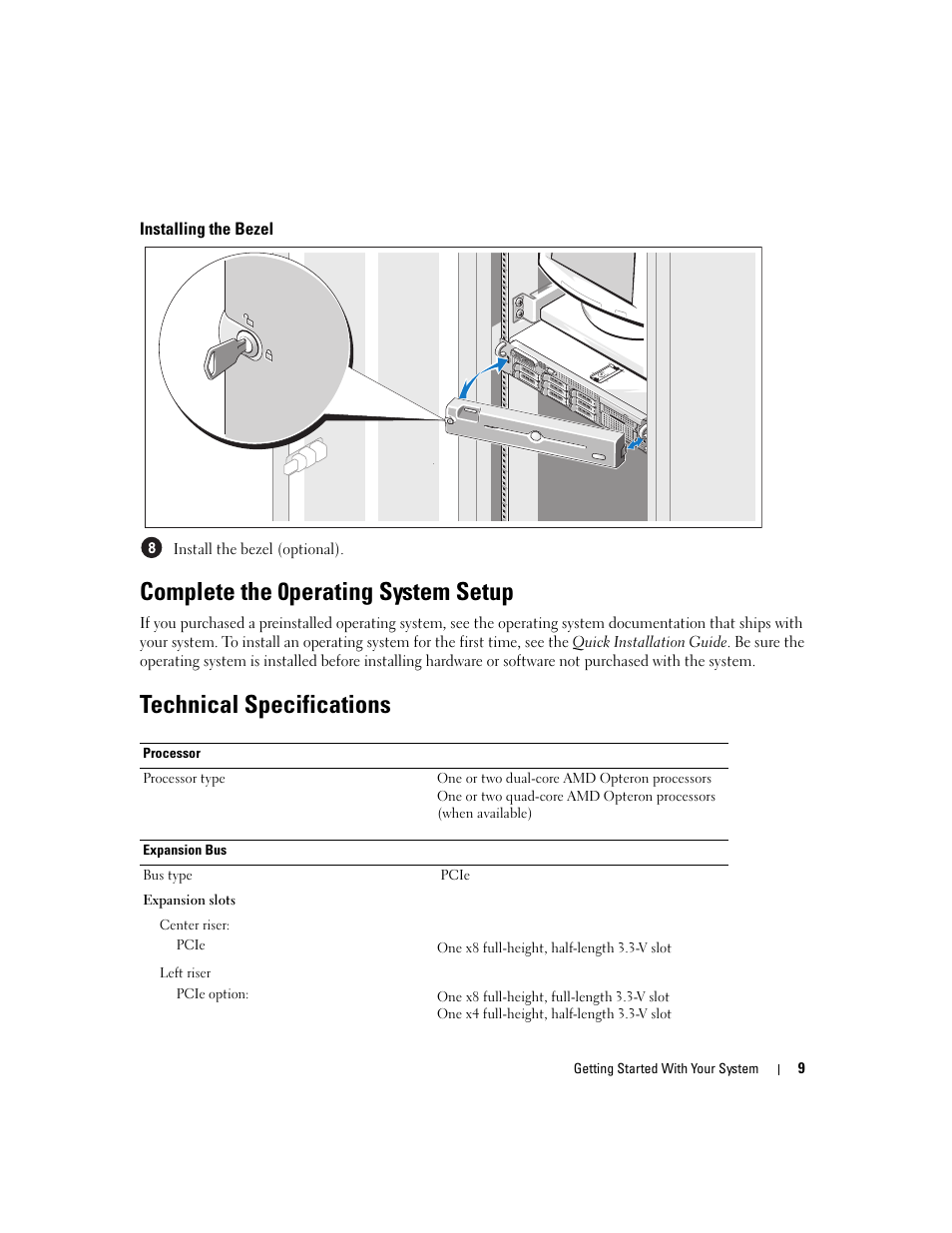 Installing the bezel, Complete the 0perating system setup, Technical specifications | Dell PowerEdge 2970 User Manual | Page 11 / 50
