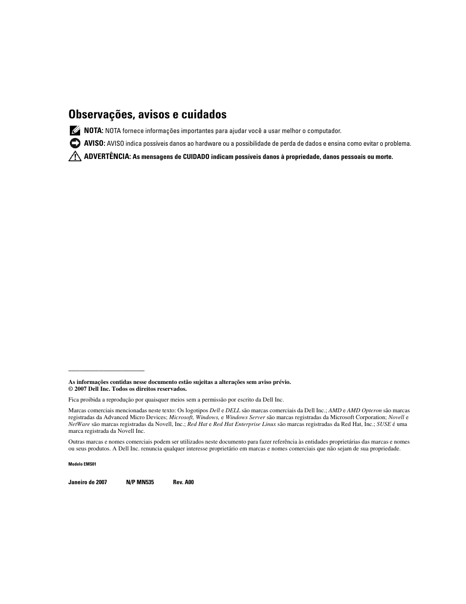 Observações, avisos e cuidados | Dell PowerEdge 2970 User Manual | Page 28 / 50