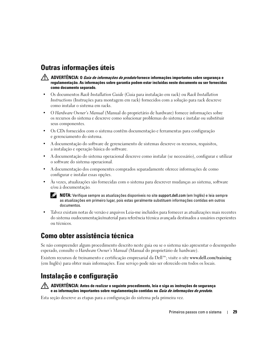 Outras informações úteis, Como obter assistência técnica, Instalação e configuração | Dell PowerEdge 2970 User Manual | Page 31 / 50