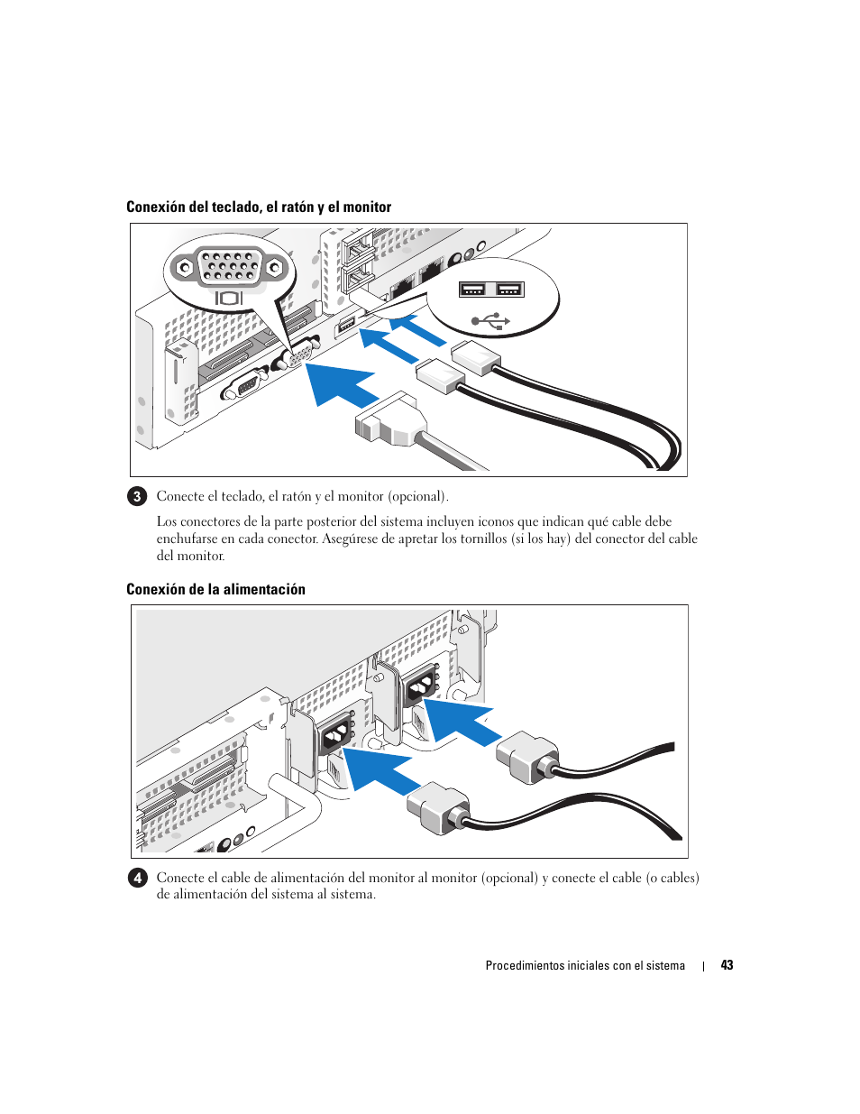 Conexión del teclado, el ratón y el monitor, Conexión de la alimentación | Dell PowerEdge 2970 User Manual | Page 45 / 50