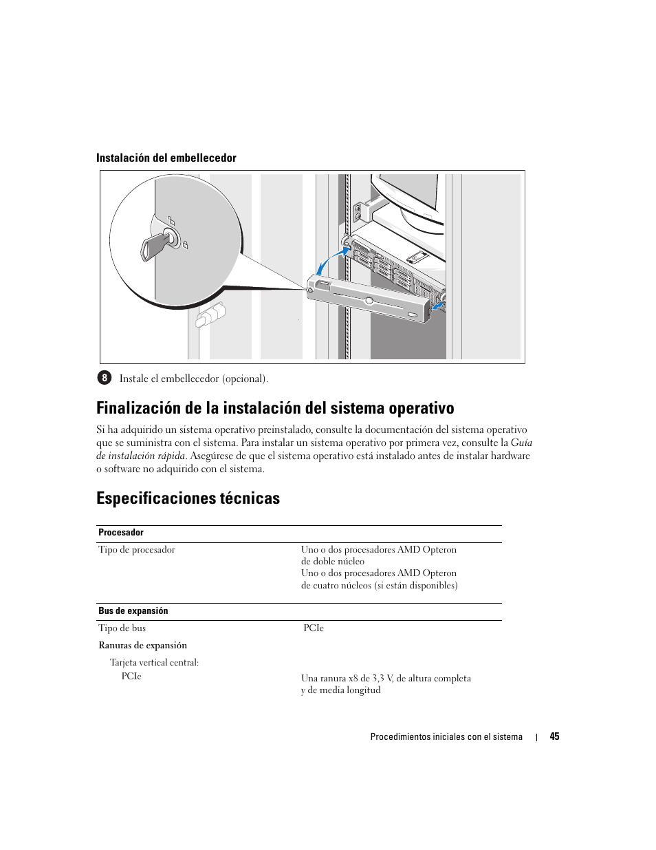 Instalación del embellecedor, Especificaciones técnicas | Dell PowerEdge 2970 User Manual | Page 47 / 50