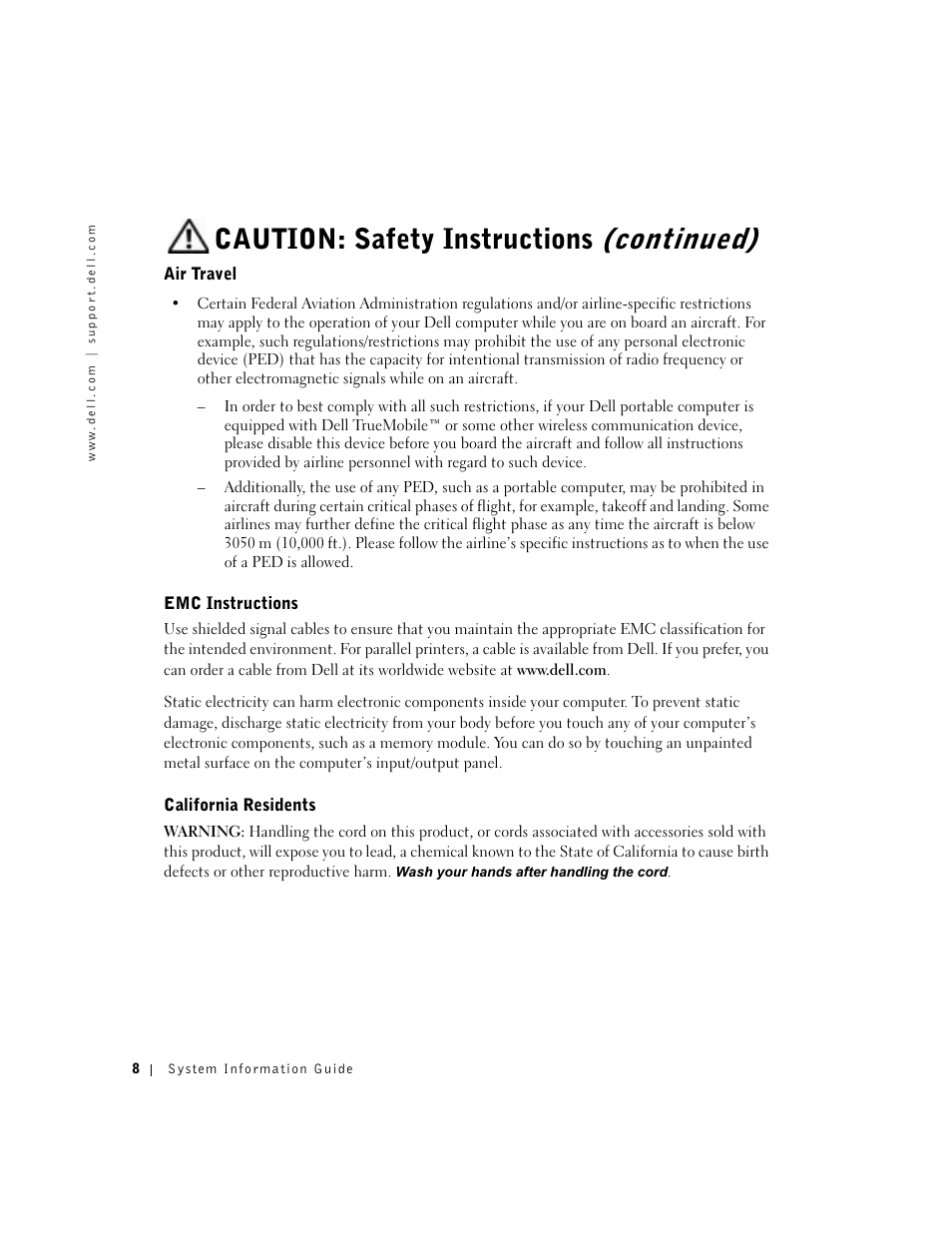 Air travel, Emc instructions, California residents | Caution: safety instructions (continued) | Dell Latitude C640 User Manual | Page 10 / 140
