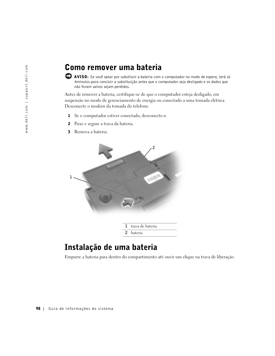 Como remover uma bateria, Instalação de uma bateria | Dell Latitude C640 User Manual | Page 100 / 140