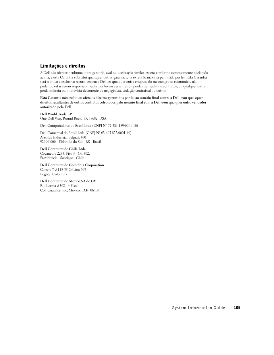 Limitações e direitos | Dell Latitude C640 User Manual | Page 107 / 140