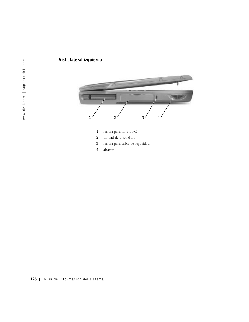 Vista lateral izquierda | Dell Latitude C640 User Manual | Page 128 / 140