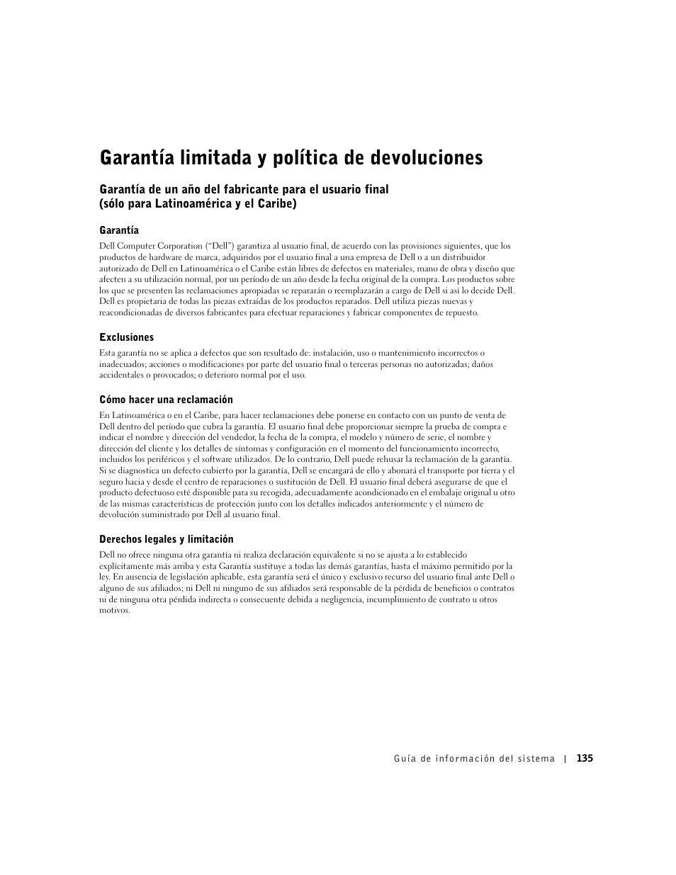 Garantía limitada y política de devoluciones | Dell Latitude C640 User Manual | Page 137 / 140