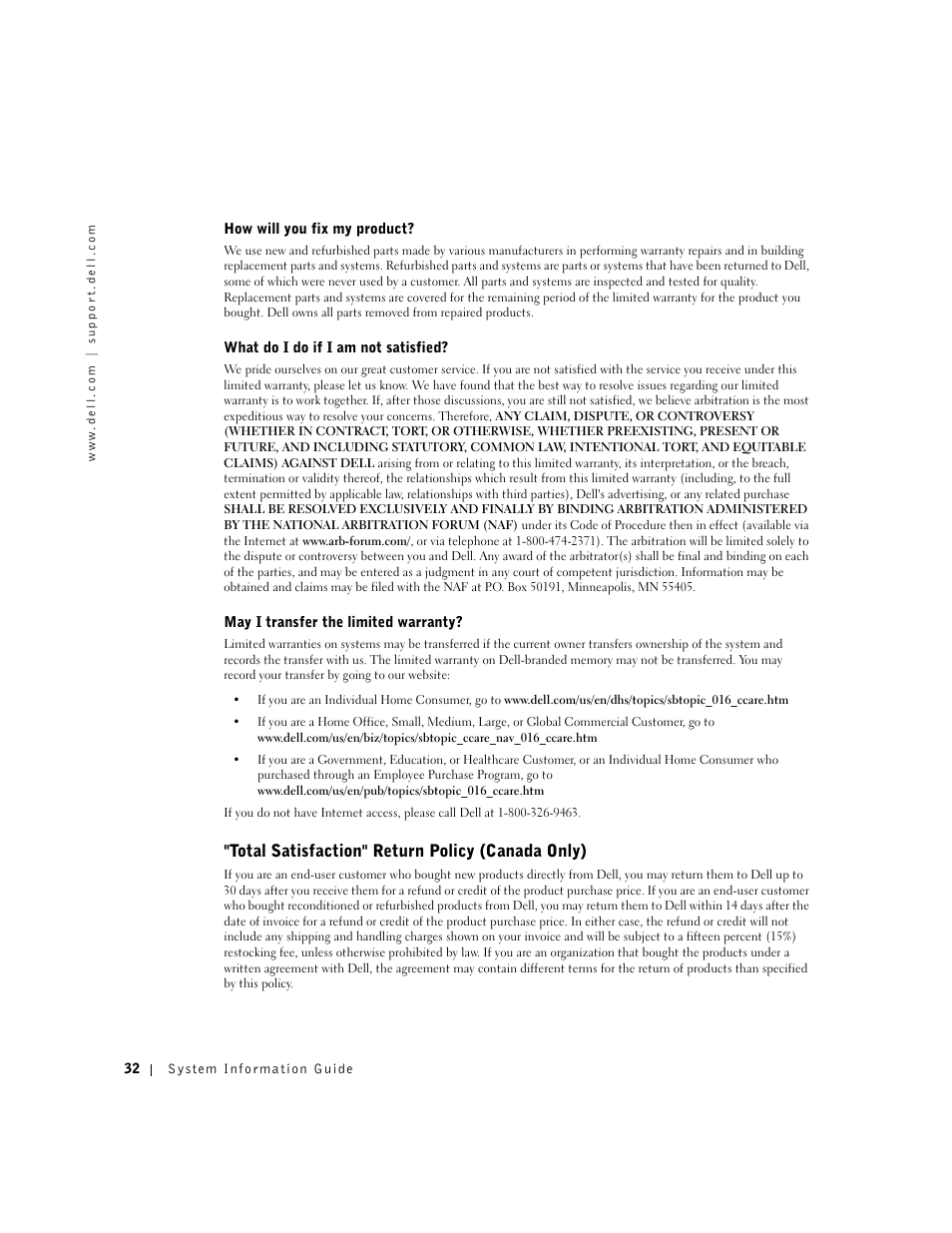 Total satisfaction" return policy (canada only) | Dell Latitude C640 User Manual | Page 34 / 140