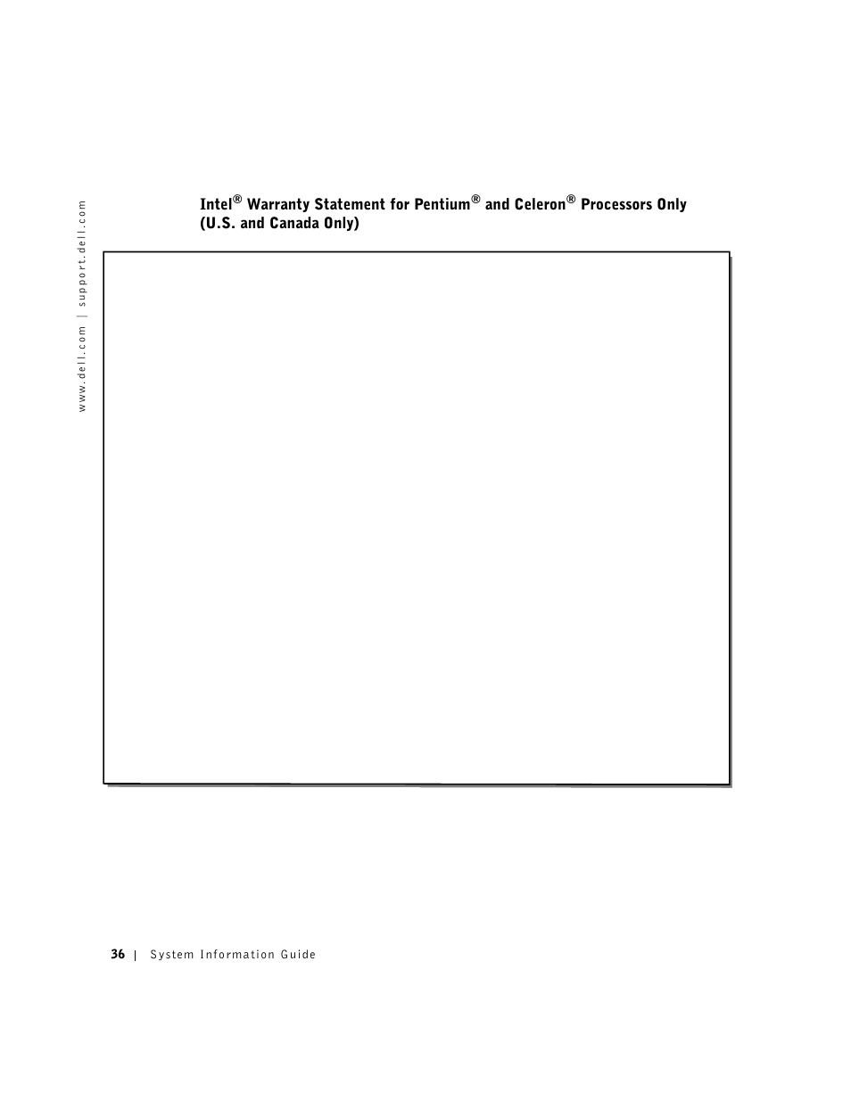 Intel, Warranty statement for pentium, And celeron | Processors only (u.s. and canada only) | Dell Latitude C640 User Manual | Page 38 / 140