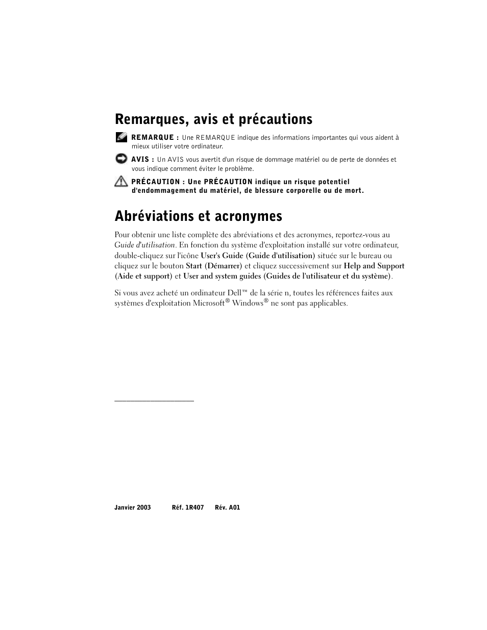 Remarques, avis et précautions, Abréviations et acronymes | Dell Latitude C640 User Manual | Page 42 / 140
