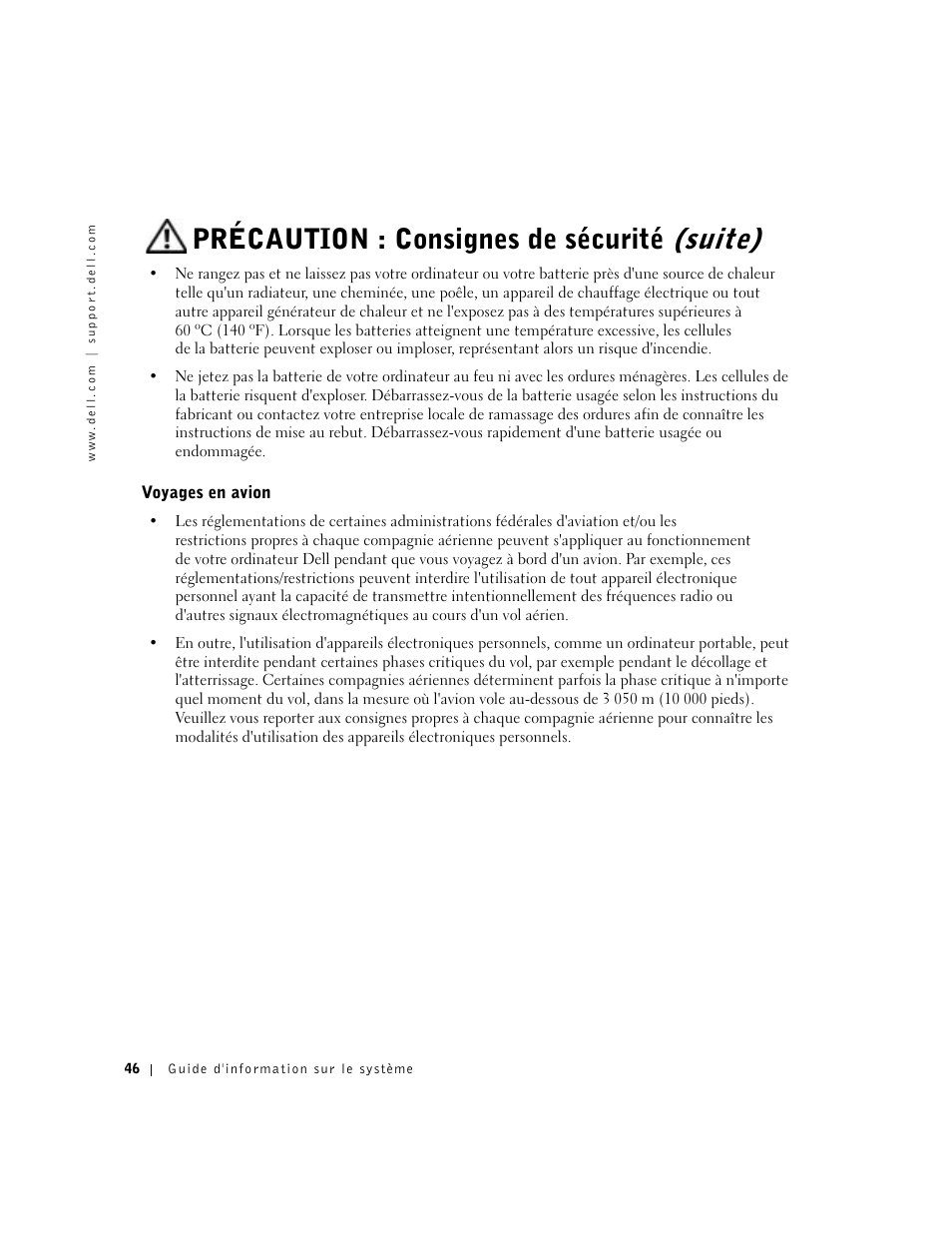 Voyages en avion, Précaution : consignes de sécurité (suite) | Dell Latitude C640 User Manual | Page 48 / 140