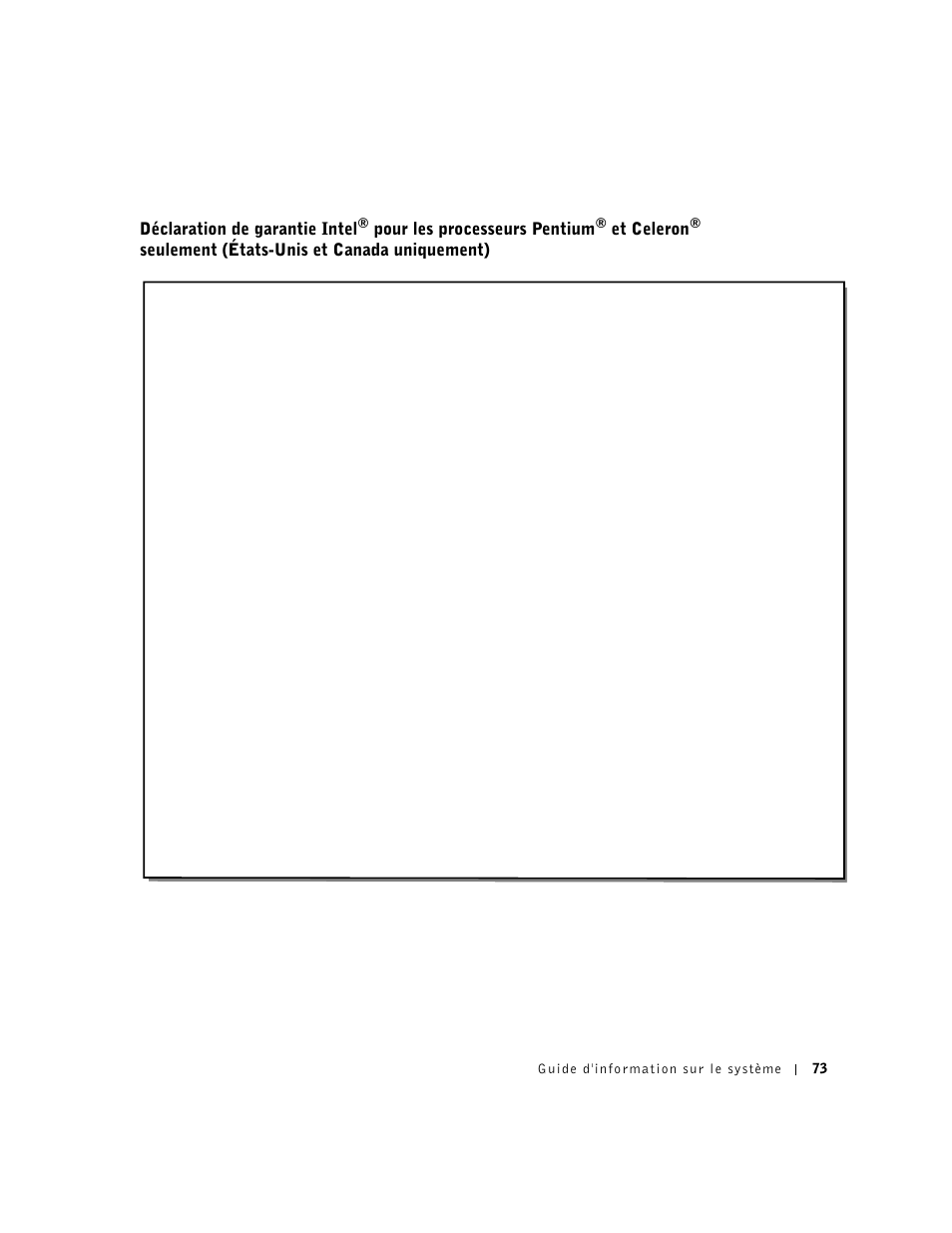 Déclaration de garantie intel, Pour les processeurs pentium, Et celeron | Seulement (états-unis et canada uniquement) | Dell Latitude C640 User Manual | Page 75 / 140