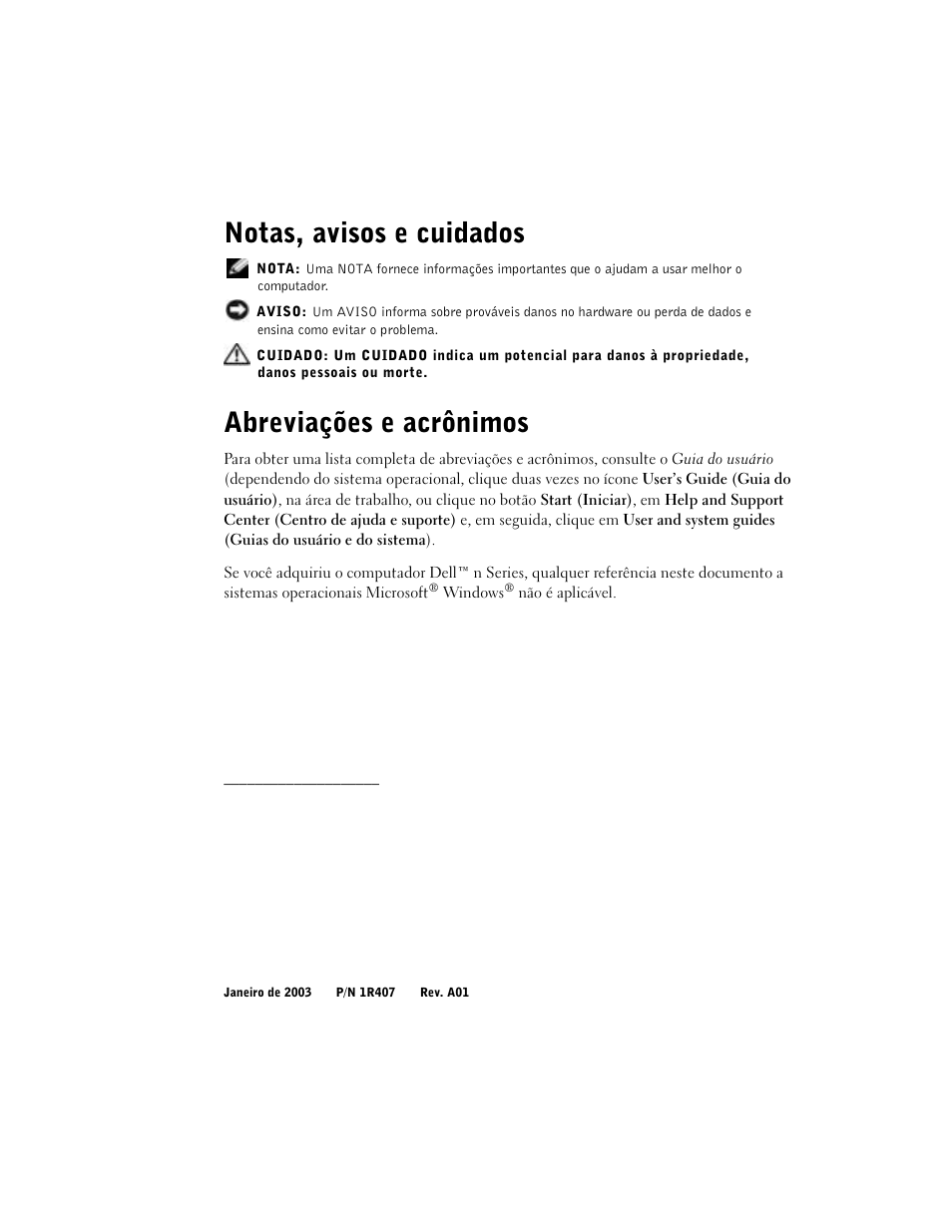 Notas, avisos e cuidados, Abreviações e acrônimos | Dell Latitude C640 User Manual | Page 78 / 140