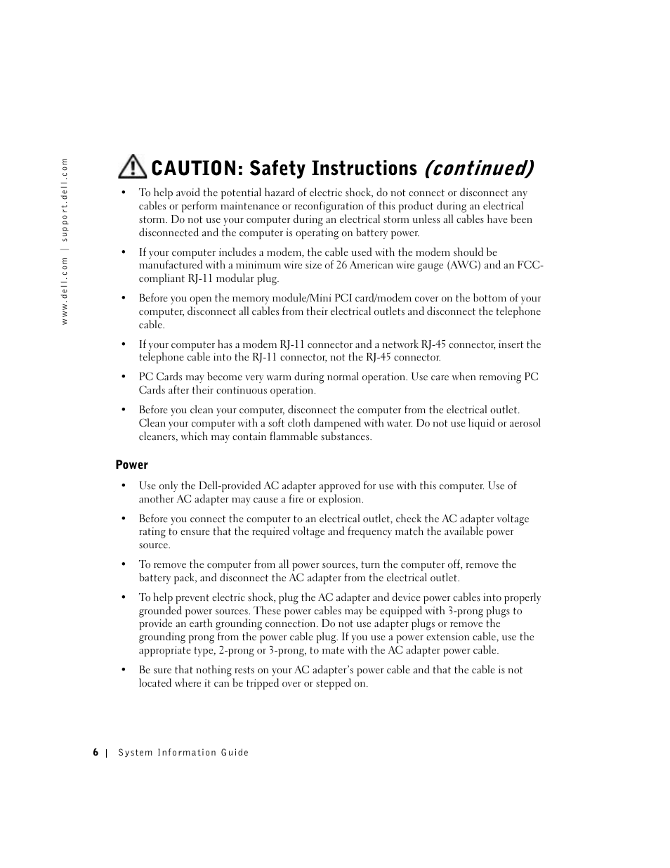 Power, Caution: safety instructions (continued) | Dell Latitude C640 User Manual | Page 8 / 140