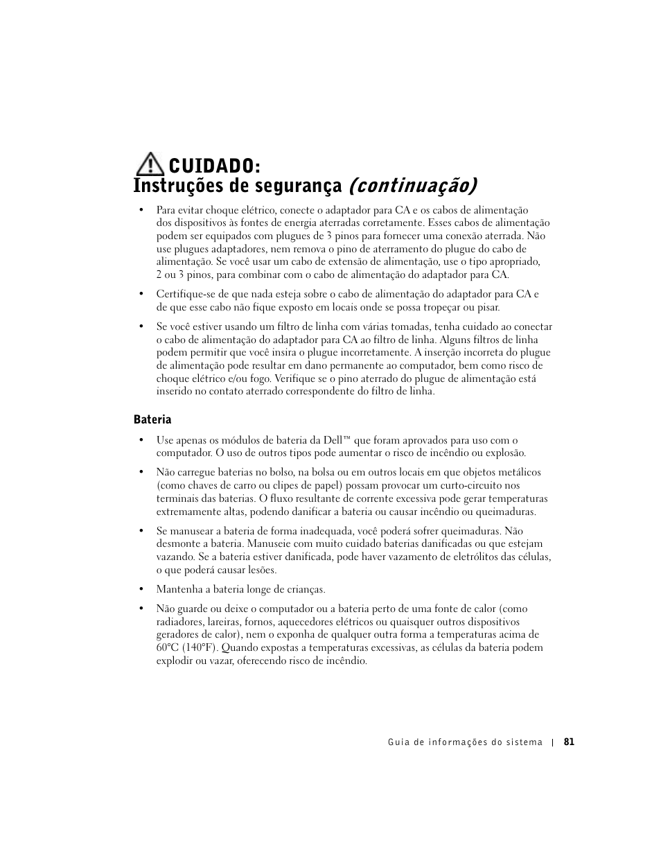 Bateria, Cuidado: instruções de segurança (continuação) | Dell Latitude C640 User Manual | Page 83 / 140