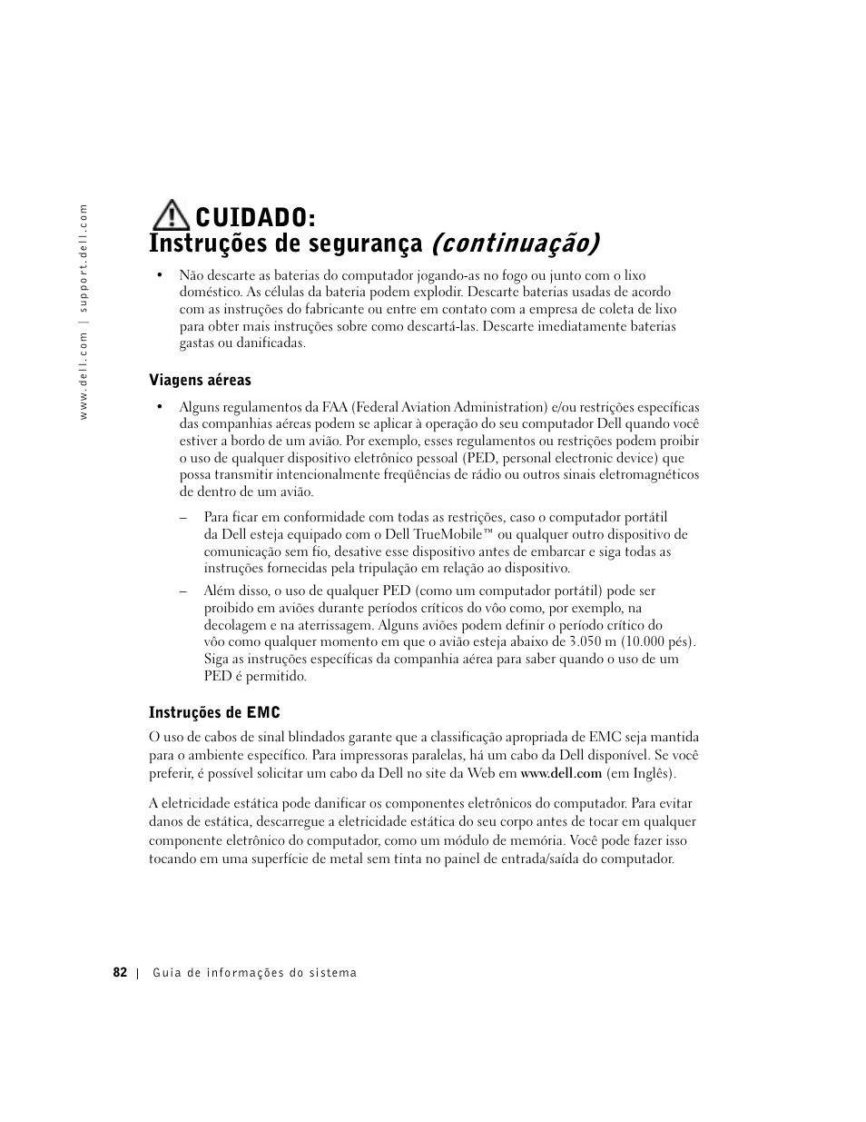 Viagens aéreas, Instruções de emc, Cuidado: instruções de segurança (continuação) | Dell Latitude C640 User Manual | Page 84 / 140