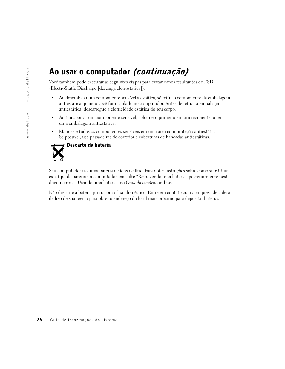 Descarte da bateria, Ao usar o computador (continuação) | Dell Latitude C640 User Manual | Page 88 / 140