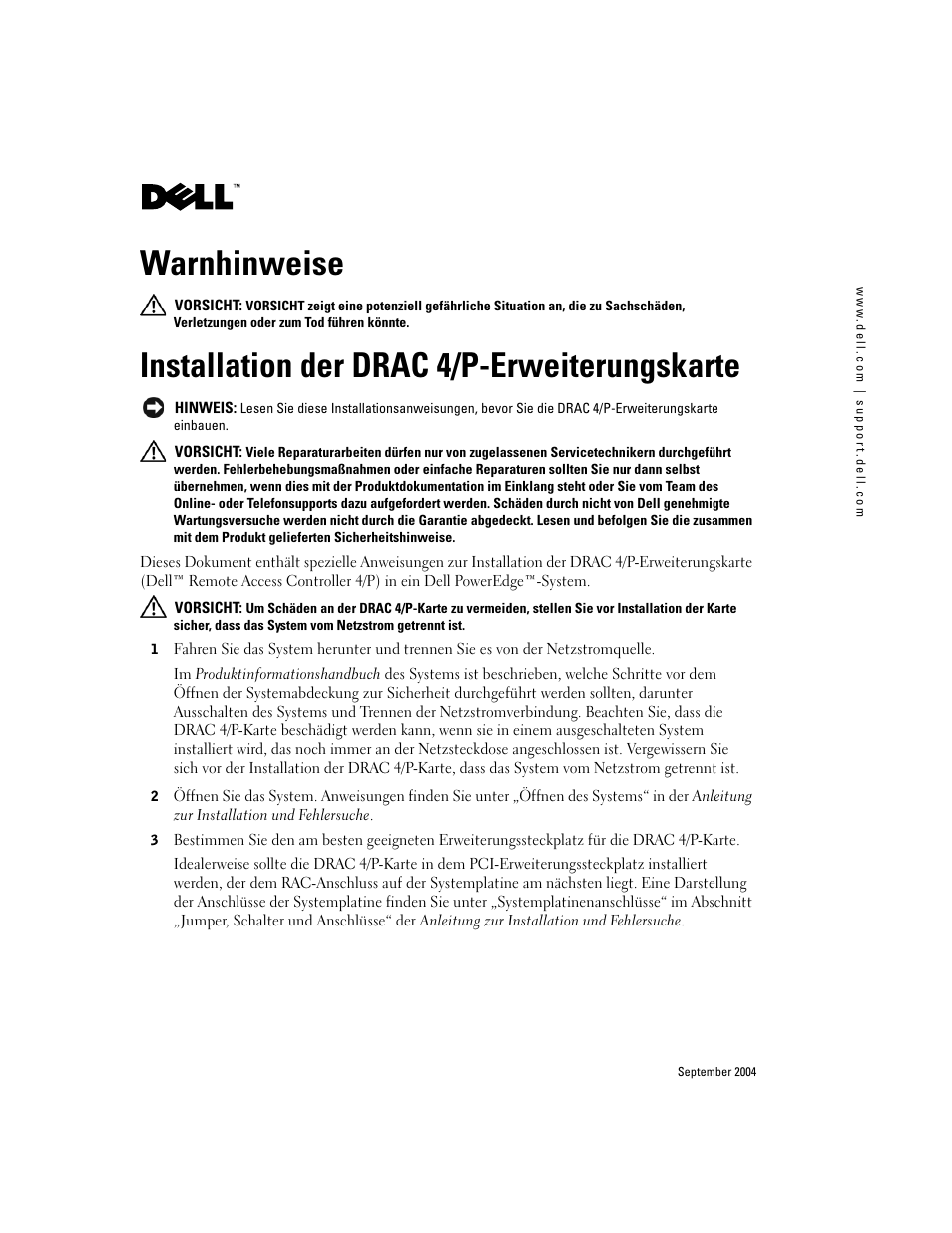 Warnhinweise, Installation der drac 4/p-erweiterungskarte | Dell PowerEdge 6850 User Manual | Page 13 / 28