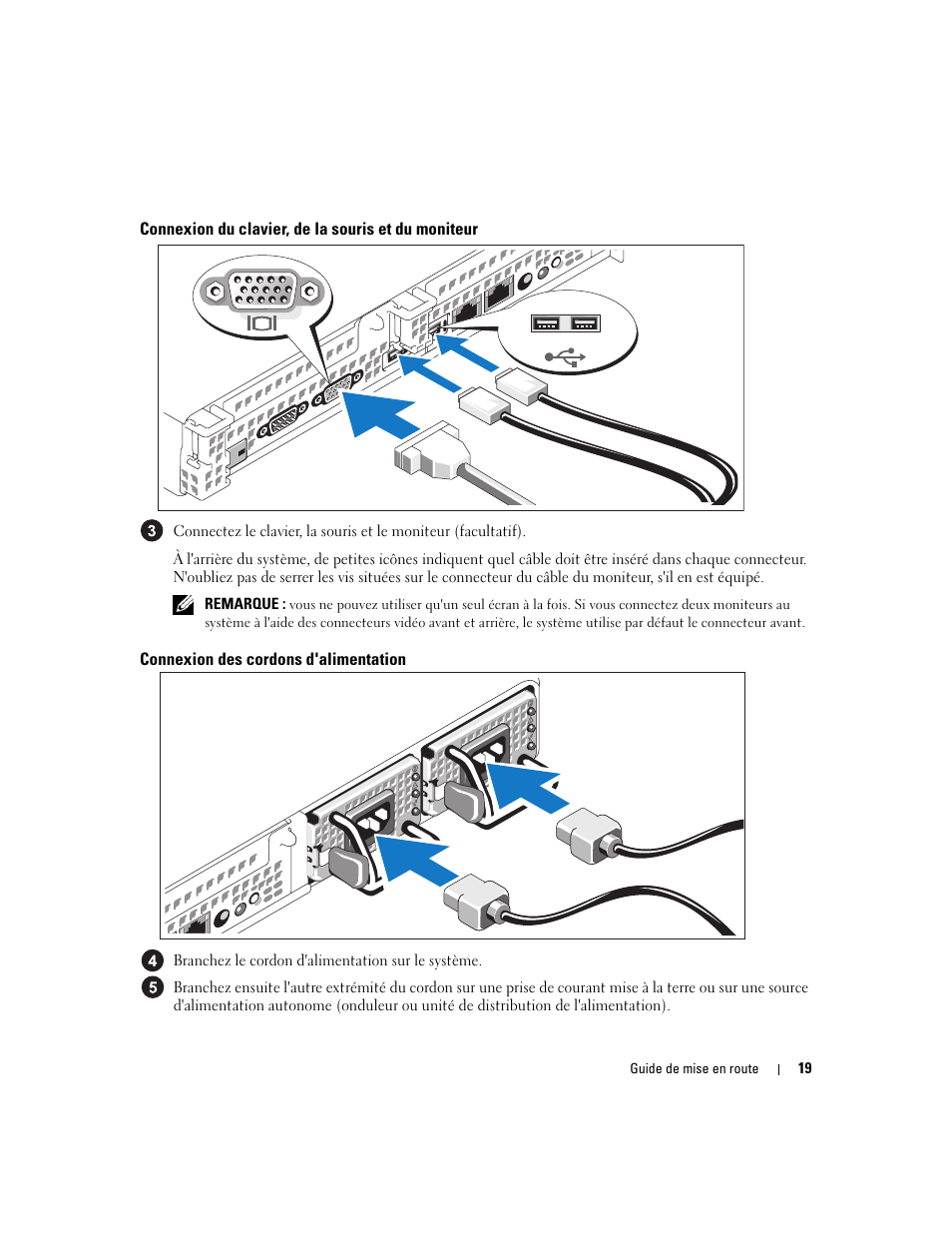 Connexion du clavier, de la souris et du moniteur, Connexion des cordons d'alimentation | Dell POWEREDGE 1950 User Manual | Page 21 / 50