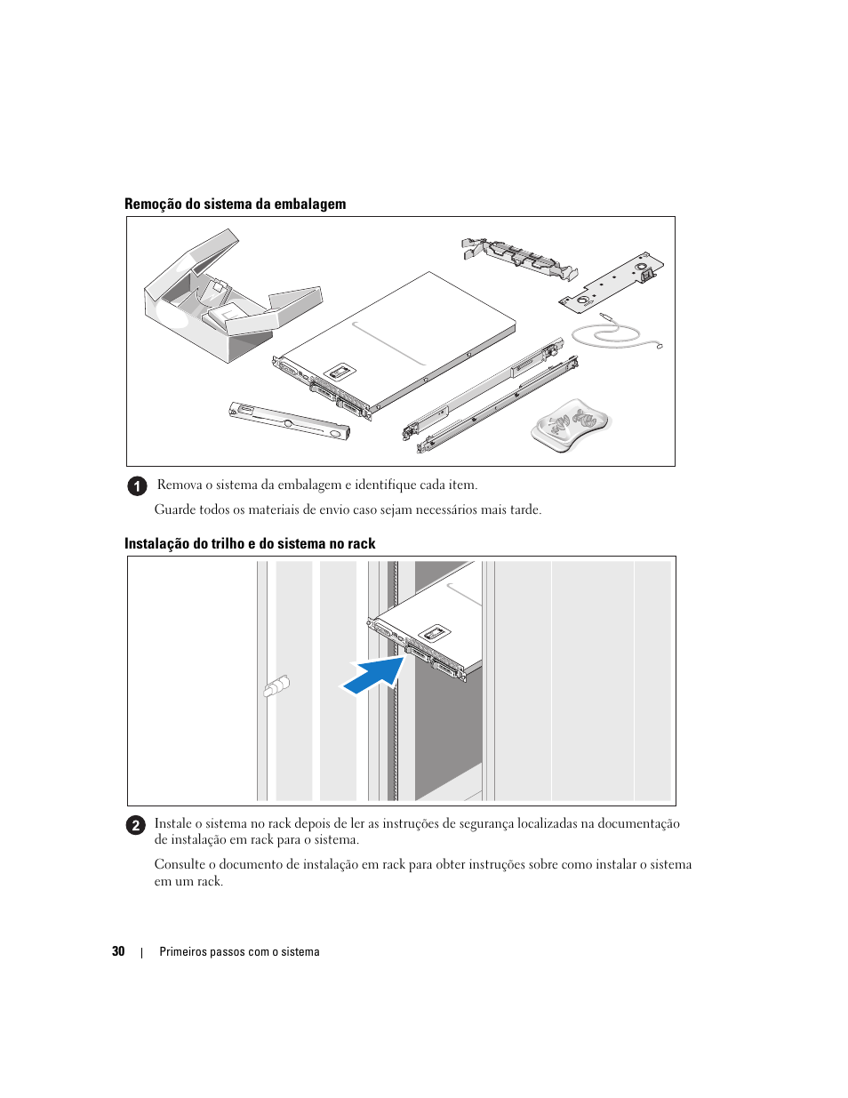 Remoção do sistema da embalagem, Instalação do trilho e do sistema no rack | Dell POWEREDGE 1950 User Manual | Page 32 / 50