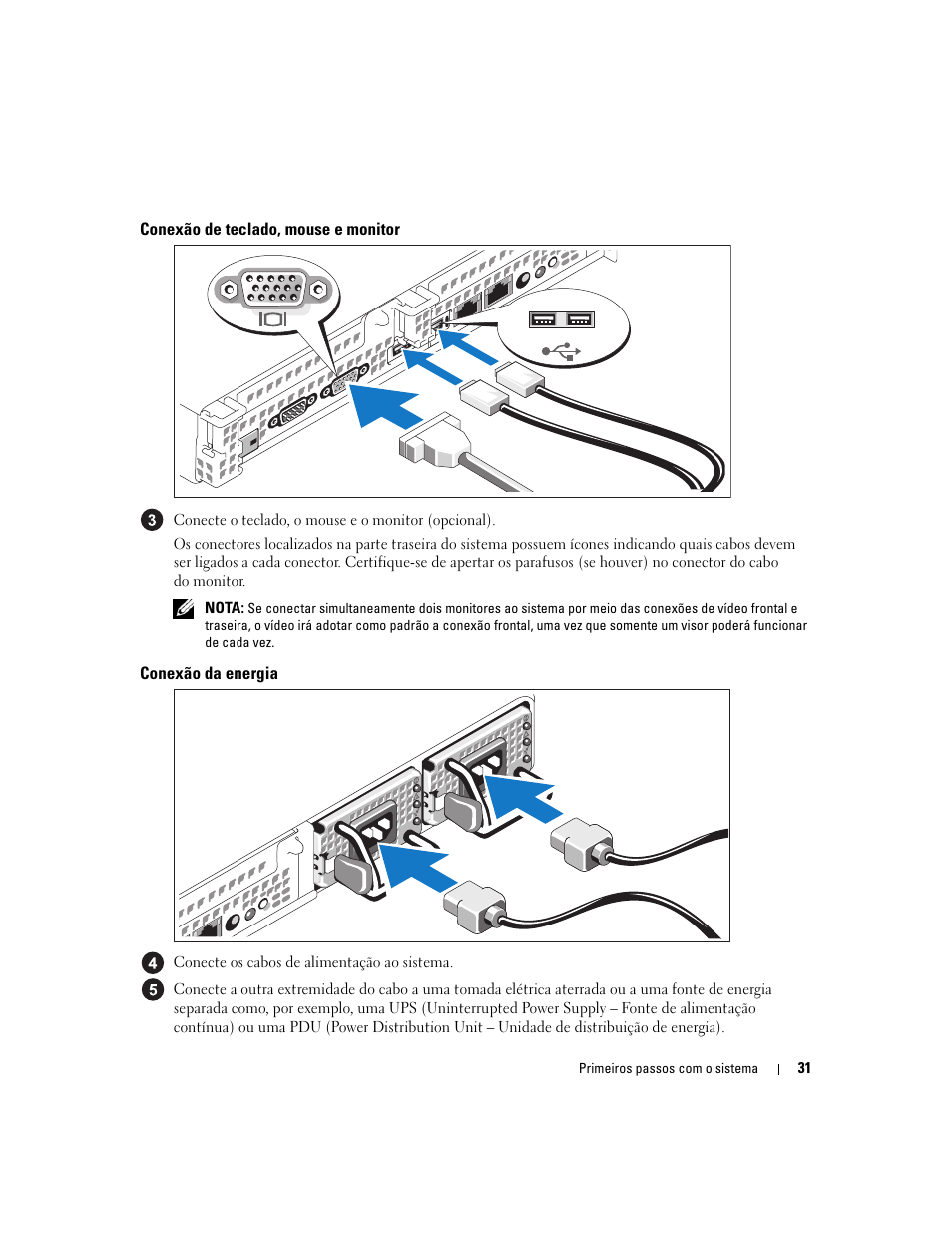 Conexão de teclado, mouse e monitor, Conexão da energia | Dell POWEREDGE 1950 User Manual | Page 33 / 50