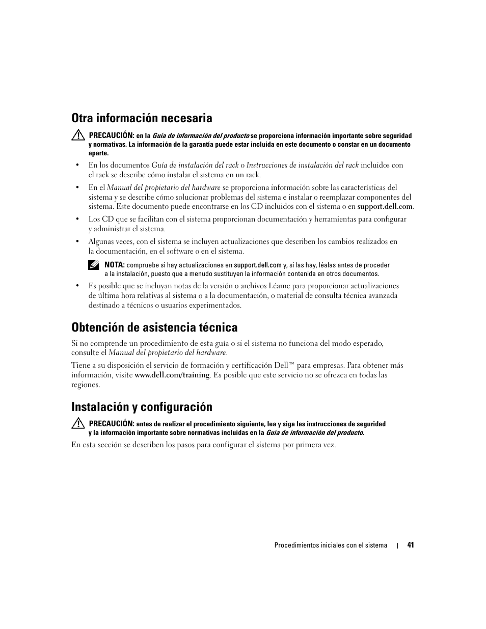 Otra información necesaria, Obtención de asistencia técnica, Instalación y configuración | Dell POWEREDGE 1950 User Manual | Page 43 / 50