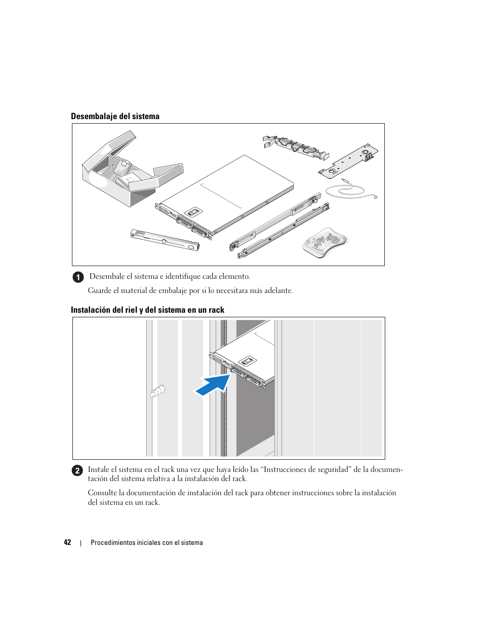 Desembalaje del sistema, Instalación del riel y del sistema en un rack | Dell POWEREDGE 1950 User Manual | Page 44 / 50