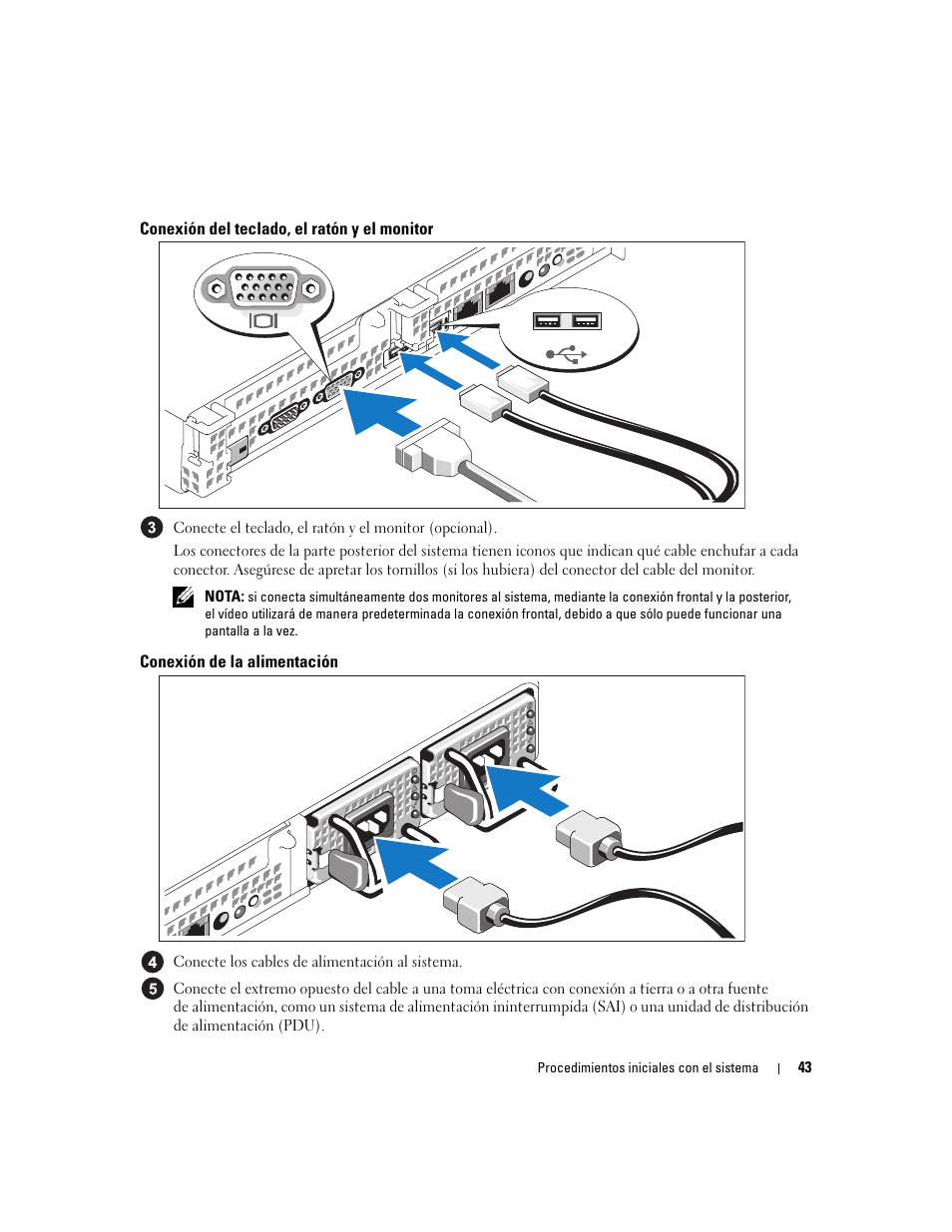 Conexión del teclado, el ratón y el monitor, Conexión de la alimentación | Dell POWEREDGE 1950 User Manual | Page 45 / 50