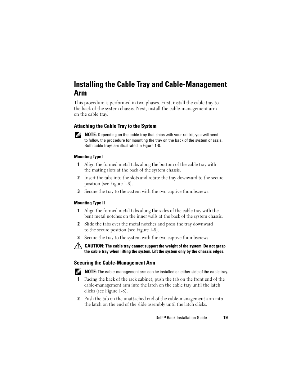 Installing the cable tray and cable-management arm, Attaching the cable tray to the system, Securing the cable-management arm | Dell PowerEdge R900 User Manual | Page 21 / 142