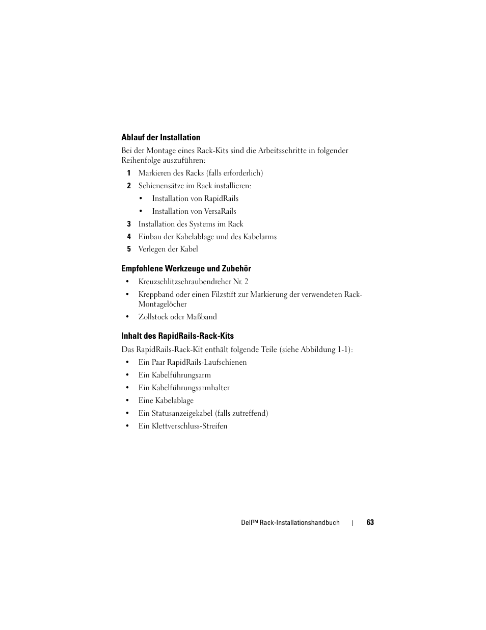 Ablauf der installation, Empfohlene werkzeuge und zubehör, Inhalt des rapidrails-rack-kits | Dell PowerEdge R900 User Manual | Page 65 / 142