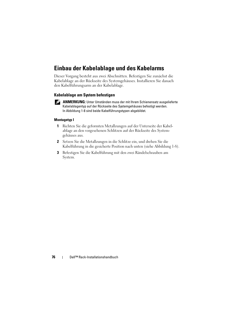 Einbau der kabelablage und des kabelarms, Kabelablage am system befestigen | Dell PowerEdge R900 User Manual | Page 78 / 142