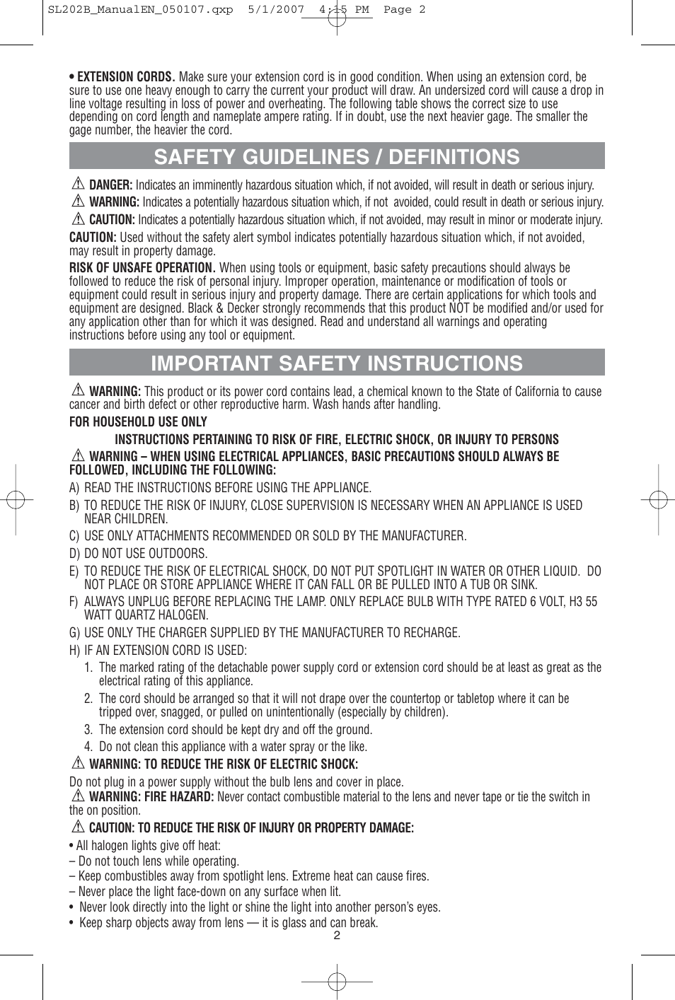 Safety guidelines / definitions, Important safety instructions | Black & Decker Power Series SL202B User Manual | Page 3 / 8