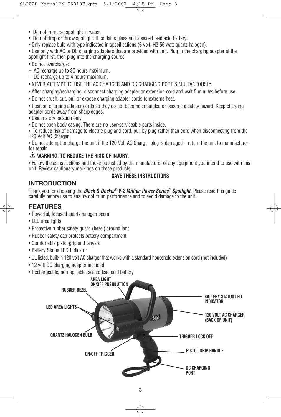 Introduction, Features | Black & Decker Power Series SL202B User Manual | Page 4 / 8