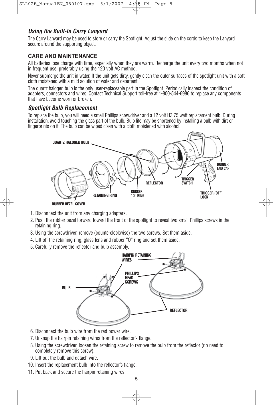 Using the built-in carry lanyard, Care and maintenance, Spotlight bulb replacement | Black & Decker Power Series SL202B User Manual | Page 6 / 8