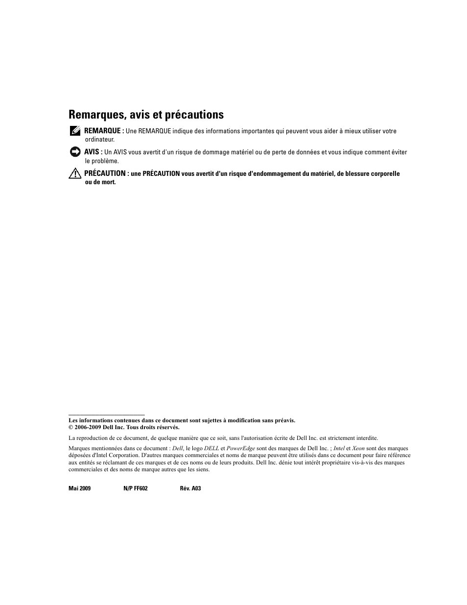 Remarques, avis et précautions | Dell PowerEdge 1900 User Manual | Page 18 / 60