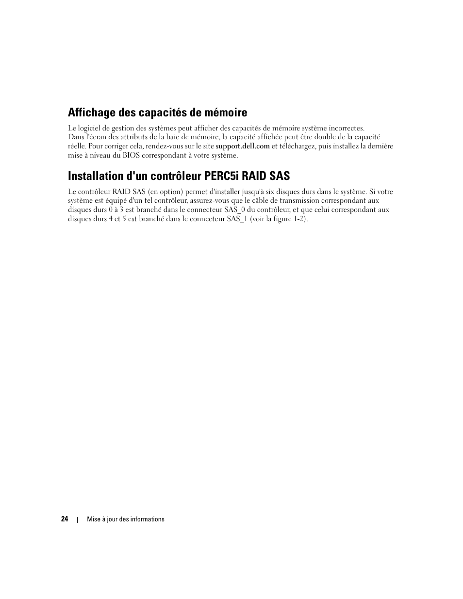 Affichage des capacités de mémoire, Installation d'un contrôleur perc5i raid sas | Dell PowerEdge 1900 User Manual | Page 24 / 60