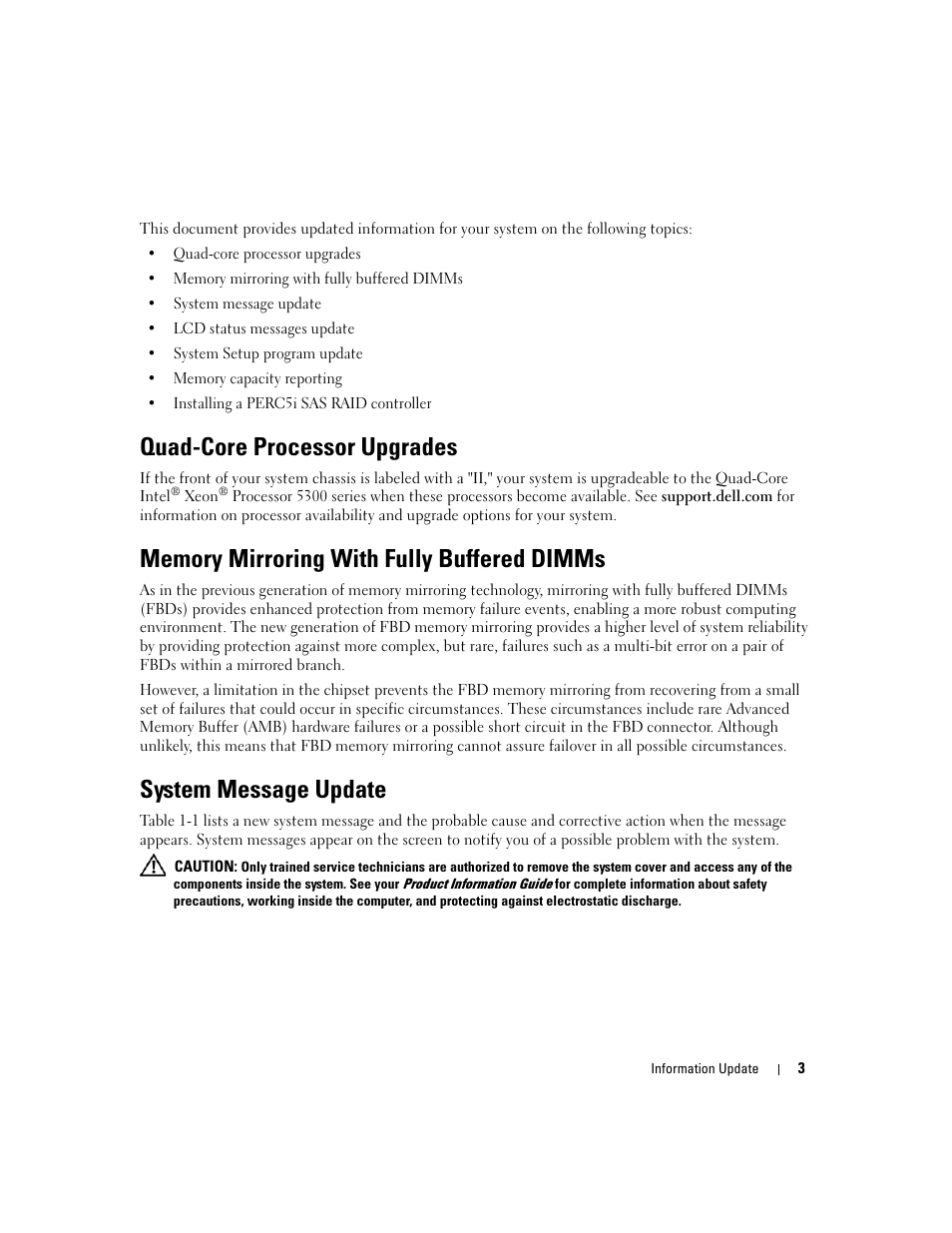Quad-core processor upgrades, Memory mirroring with fully buffered dimms, System message update | Dell PowerEdge 1900 User Manual | Page 3 / 60