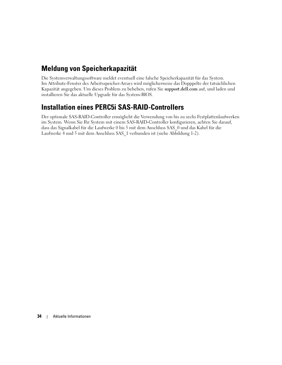 Meldung von speicherkapazität, Installation eines perc5i sas-raid-controllers | Dell PowerEdge 1900 User Manual | Page 34 / 60