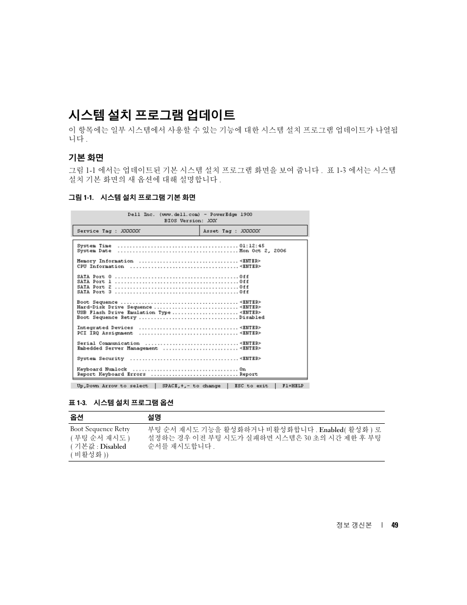 시스템 설치 프로그램 업데이트, 기본 화면 | Dell PowerEdge 1900 User Manual | Page 49 / 60